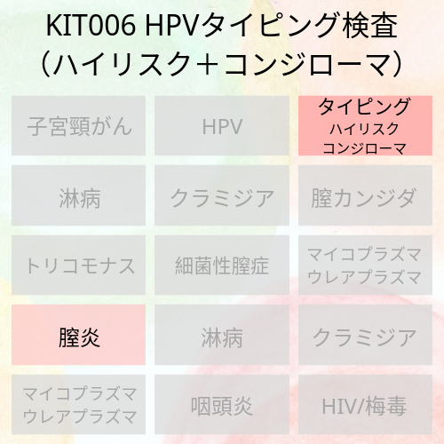 イボと子宮頸がんのや咽頭がんの原因になるタイプのHPVのタイピング検査です。コンジローマHPV2種類、ハイリスクHPV13種類のタイピング検査で、どの型に感染しているかまでわかります。